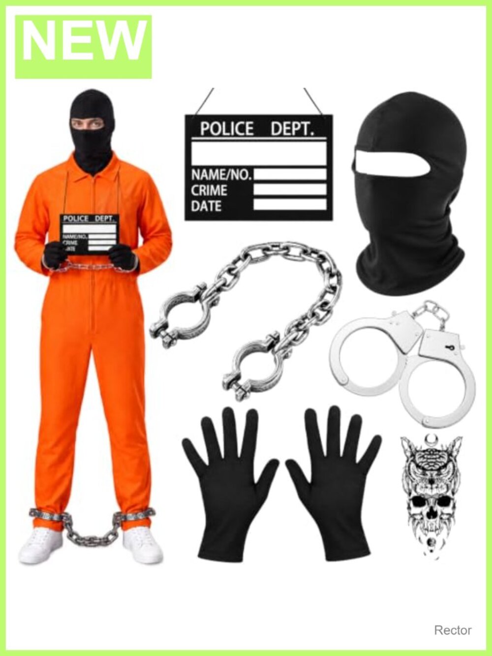 Prisoner Costume Accessory Set Handcuffs Mask Gloves Tattoos for Halloween
